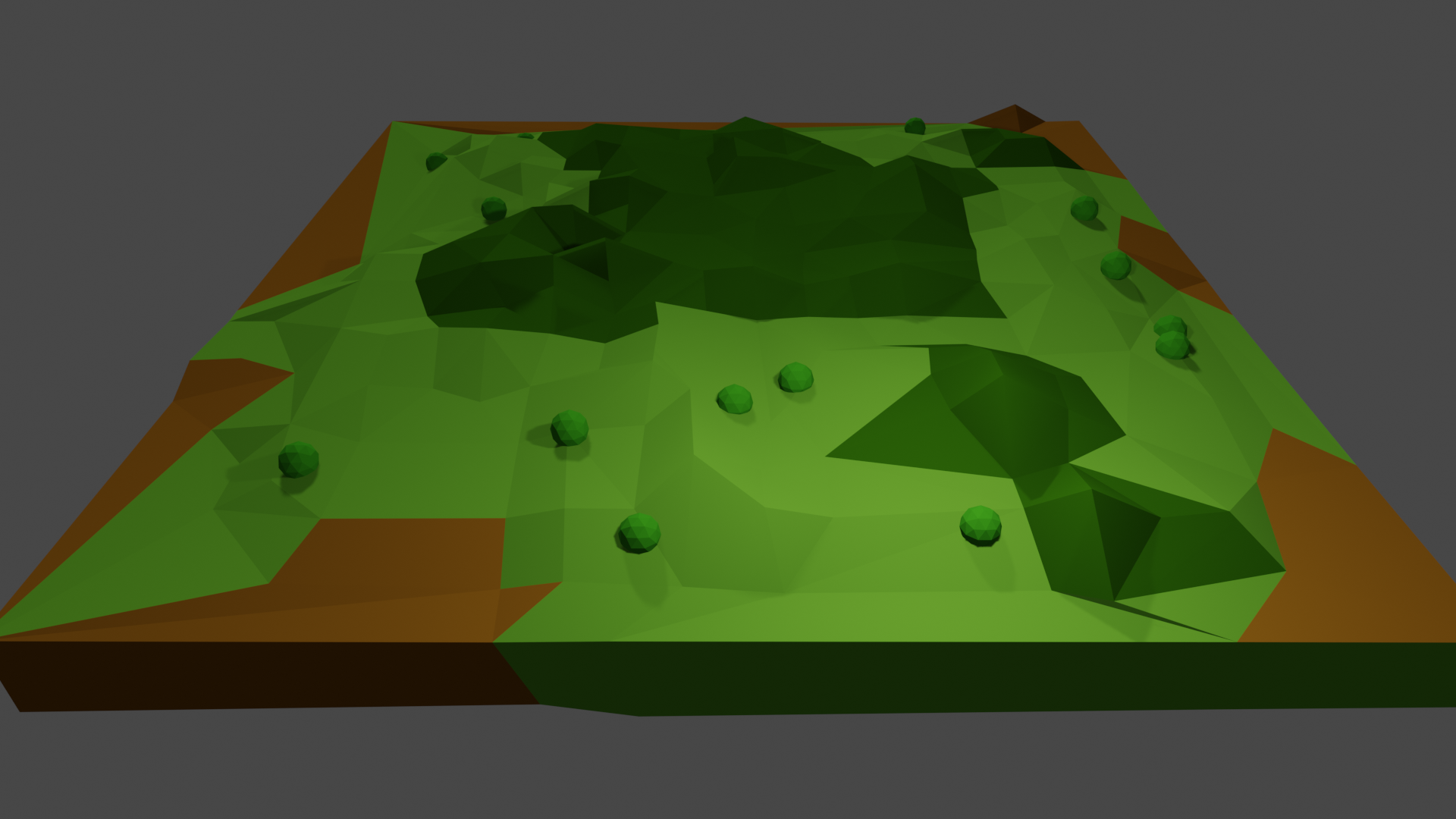 A low-poly 3D environment with green grass and shrubs.