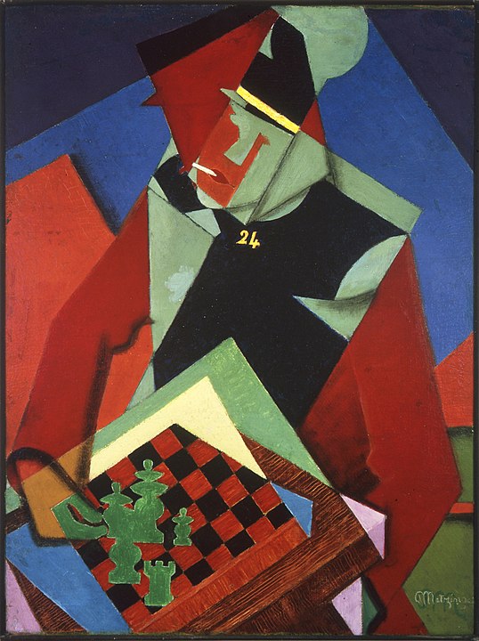 A colorful cubist painting of a man in military uniform playing chess.