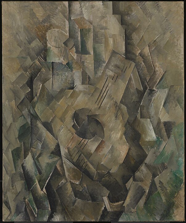 A brown and gray cubist painting of a guitar.