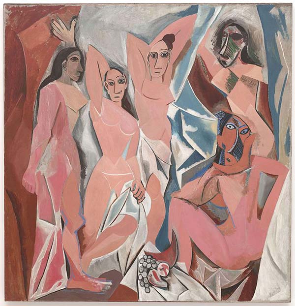 A painting of 5 women, painted in orange-pink, with draped white fabric in the background. The painting is not cubist, but it resembles cubism because its shapes are simplified and blocky.